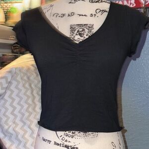 John Golt Dark Black Mid-Drift V-Neck Top